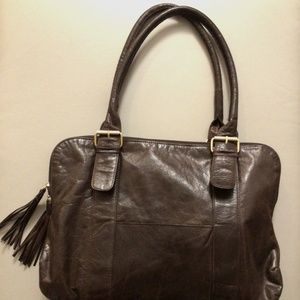 Latico Shiny Brown Computer Satchel with pastel floral lining 11 1/2 H X 15W